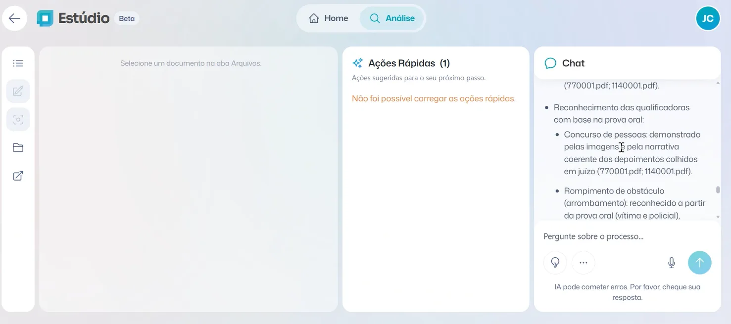 Quick actions failed to load, and the empty document panel takes most of the screen.