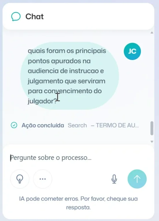 A chat question marked “Action completed”, with no answer.