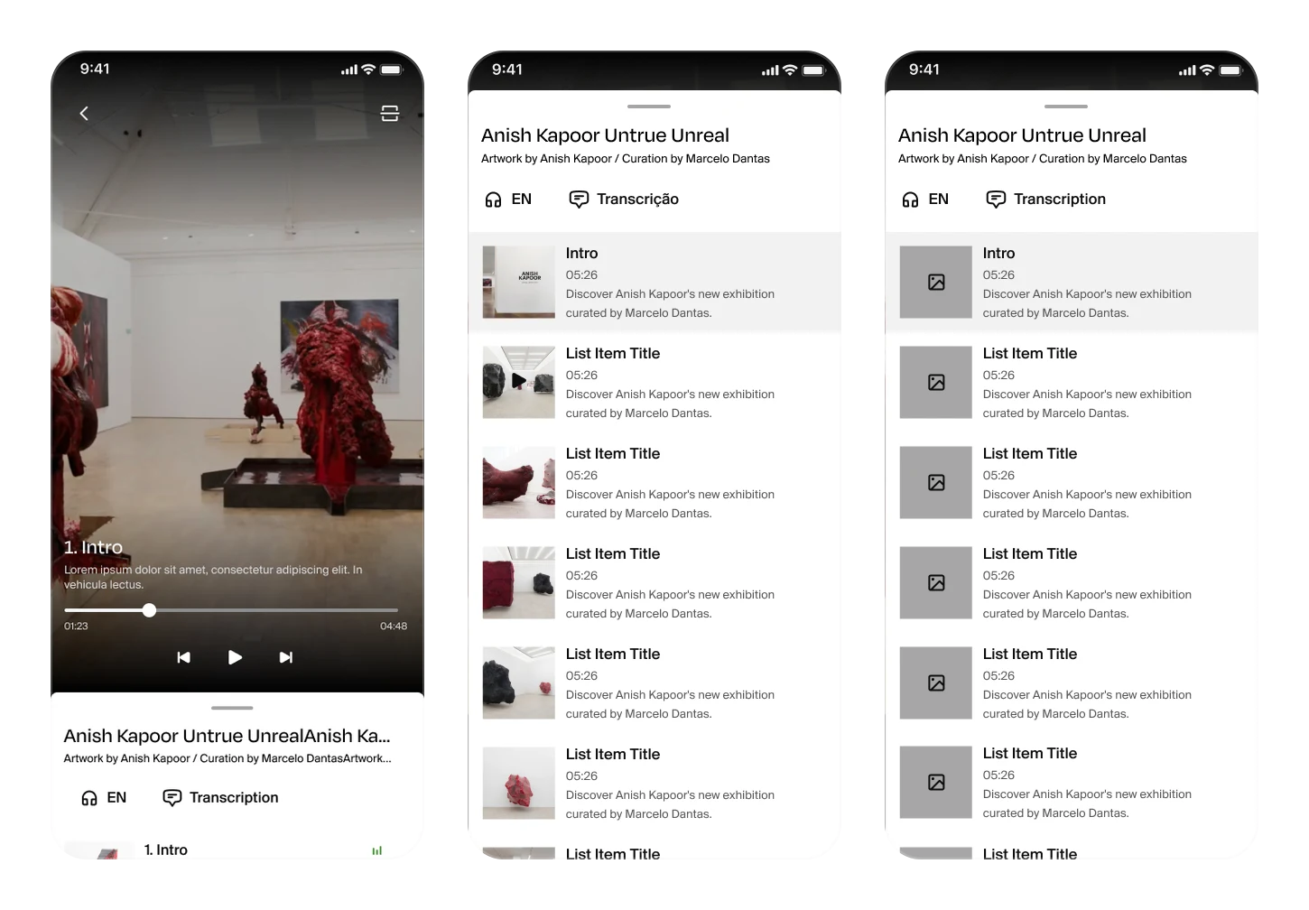 A decisão central. O player dá prioridade à mídia (à esquerda) e a playlist abre num bottom drawer (no centro). À direita: o mesmo drawer como template, com placeholders para o conteúdo do CMS.