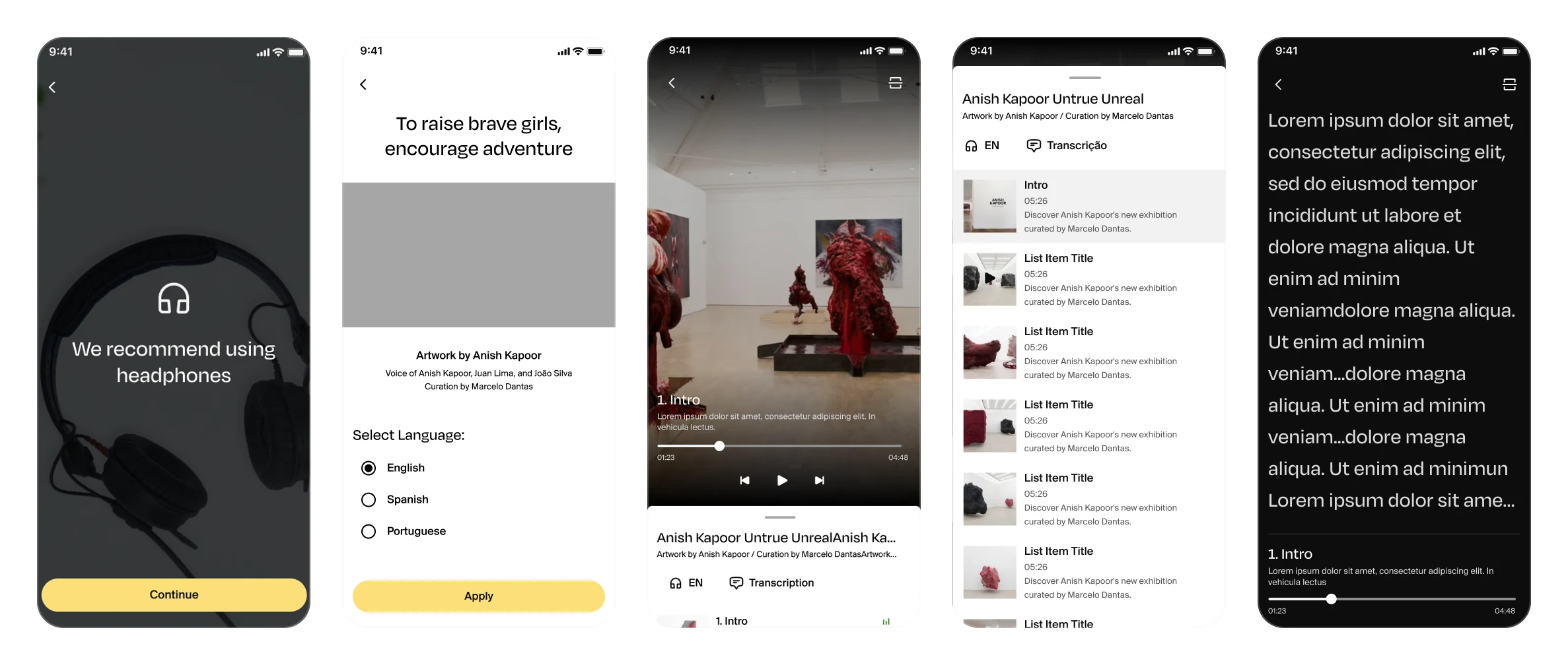 O guia em sequência: aviso de fones, idioma, player, drawer da playlist e transcrição.
