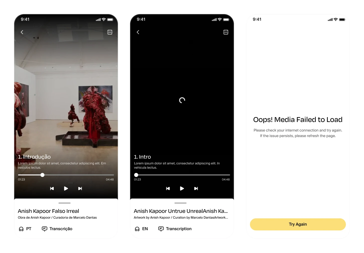 Estados no handoff: o player em português, carregamento e mídia que não carrega.