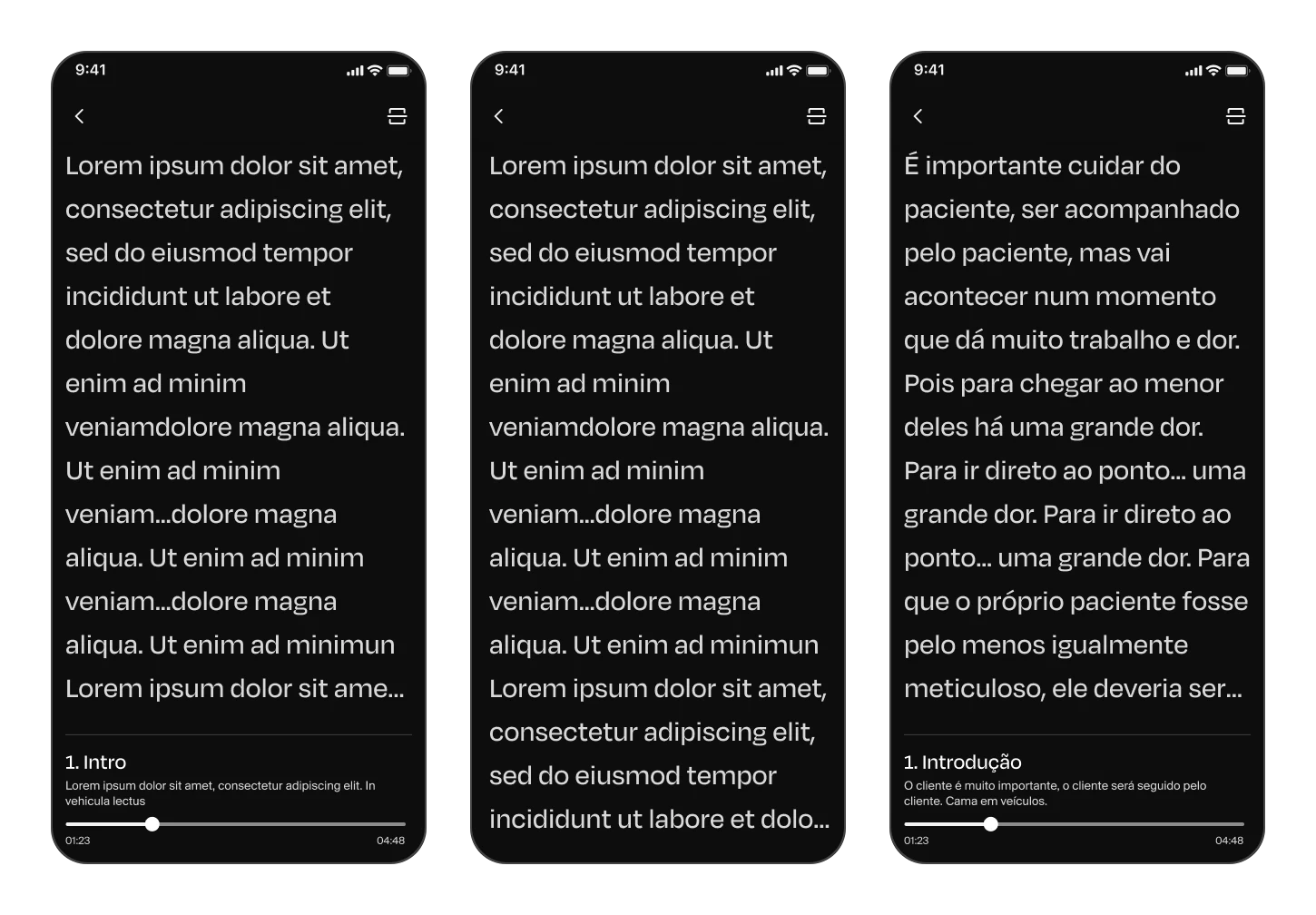 Transcrição sincronizada com a narração (à esquerda), a versão sem sincronia com o player documentada como alternativa (no centro) e a mesma tela em português (à direita).